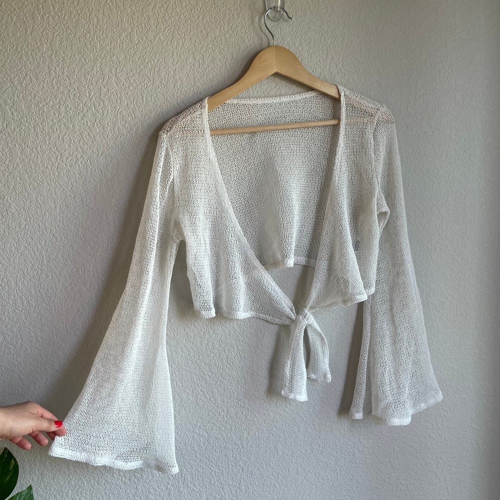 White Y2K Boho Open Knit Mesh Tie Front Bolero Bell Sleeve Shrug Coquette